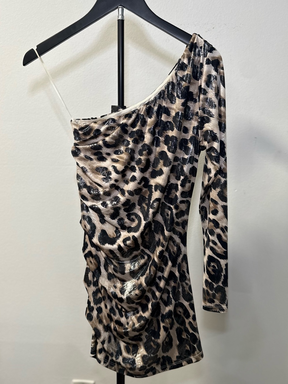 Arden B Y2K Metallic Leopard One Shoulder Ruched Mini Dress S
